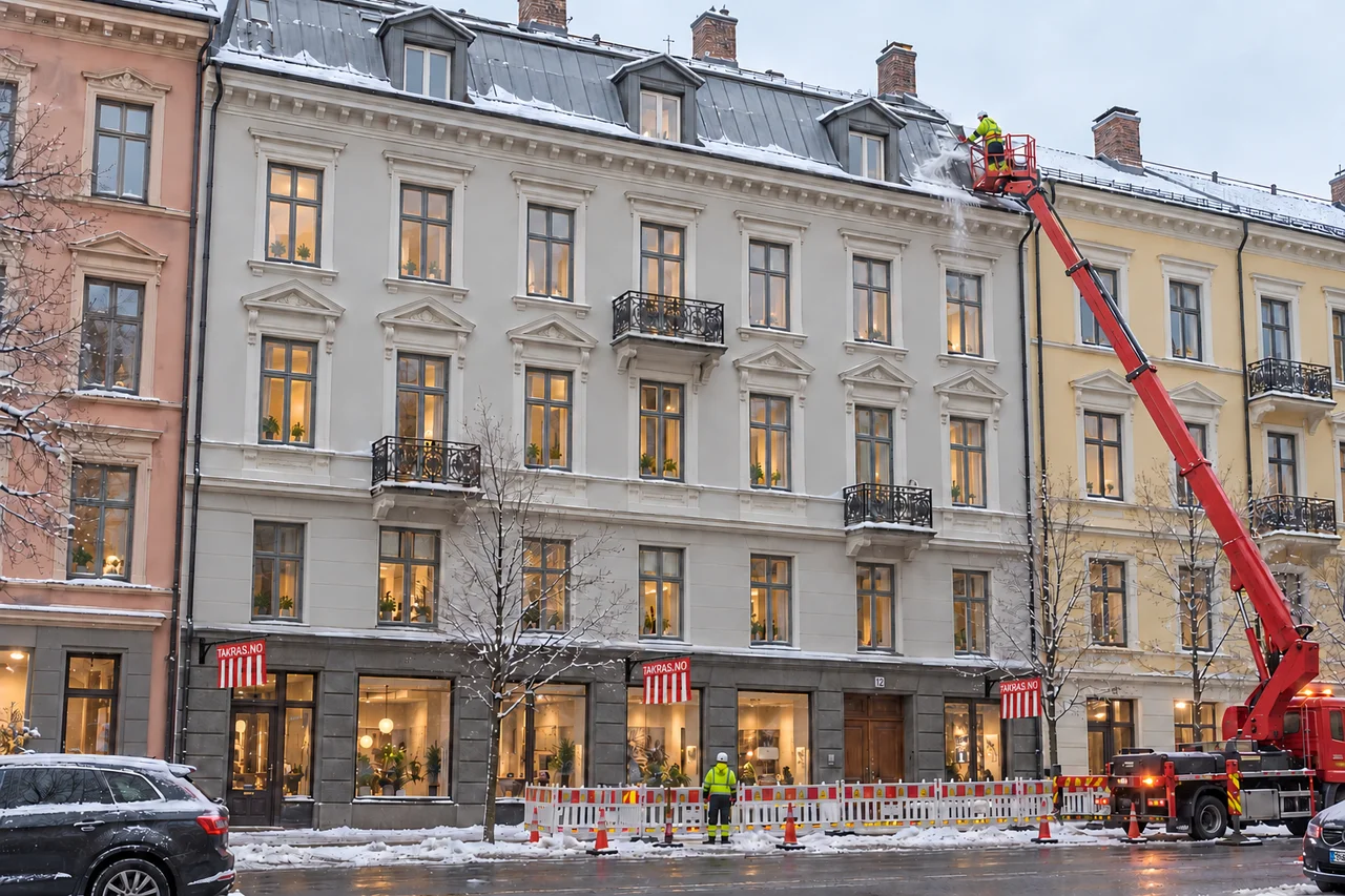 Illustrasjon av en varslet Oslo-bygård med snø og istapper, avsperret fortau og en fagperson som rydder fra lift ved taket.