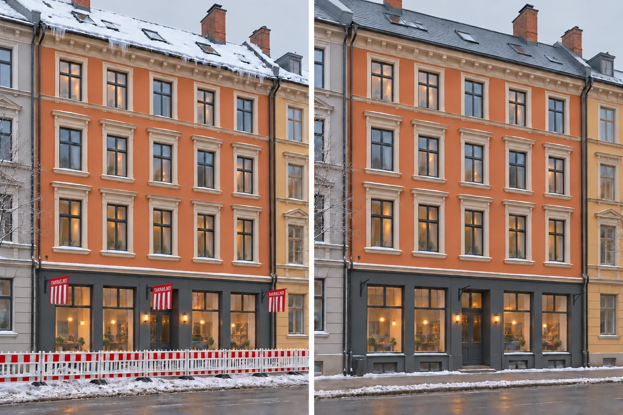 Illustrasjon av samme bygård før og etter rydding: varsling ved snø og is til venstre, ryddet takkant og nedtatte flagg til høyre.