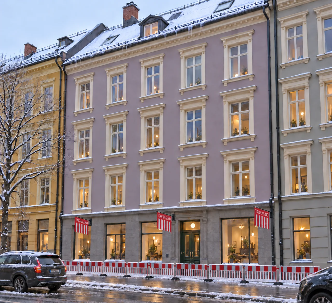 Illustrasjon av en Oslo-bygård med snø på skråtaket, bare felt i takfallet og istapper ved takrennen.