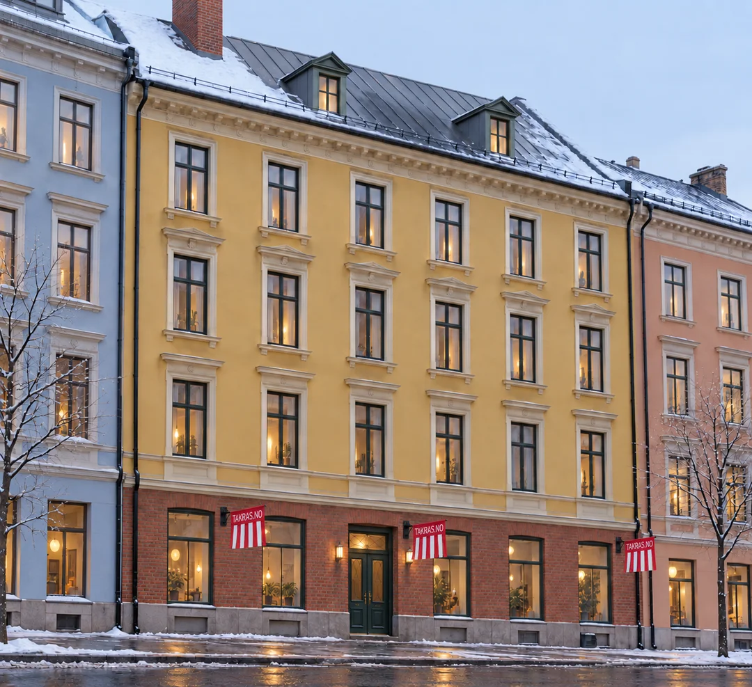 Illustrasjon av en hel Oslo-bygård med snø og bare felt på skråtaket, istapper ved takrennen og varselflagg på nedre fasade.