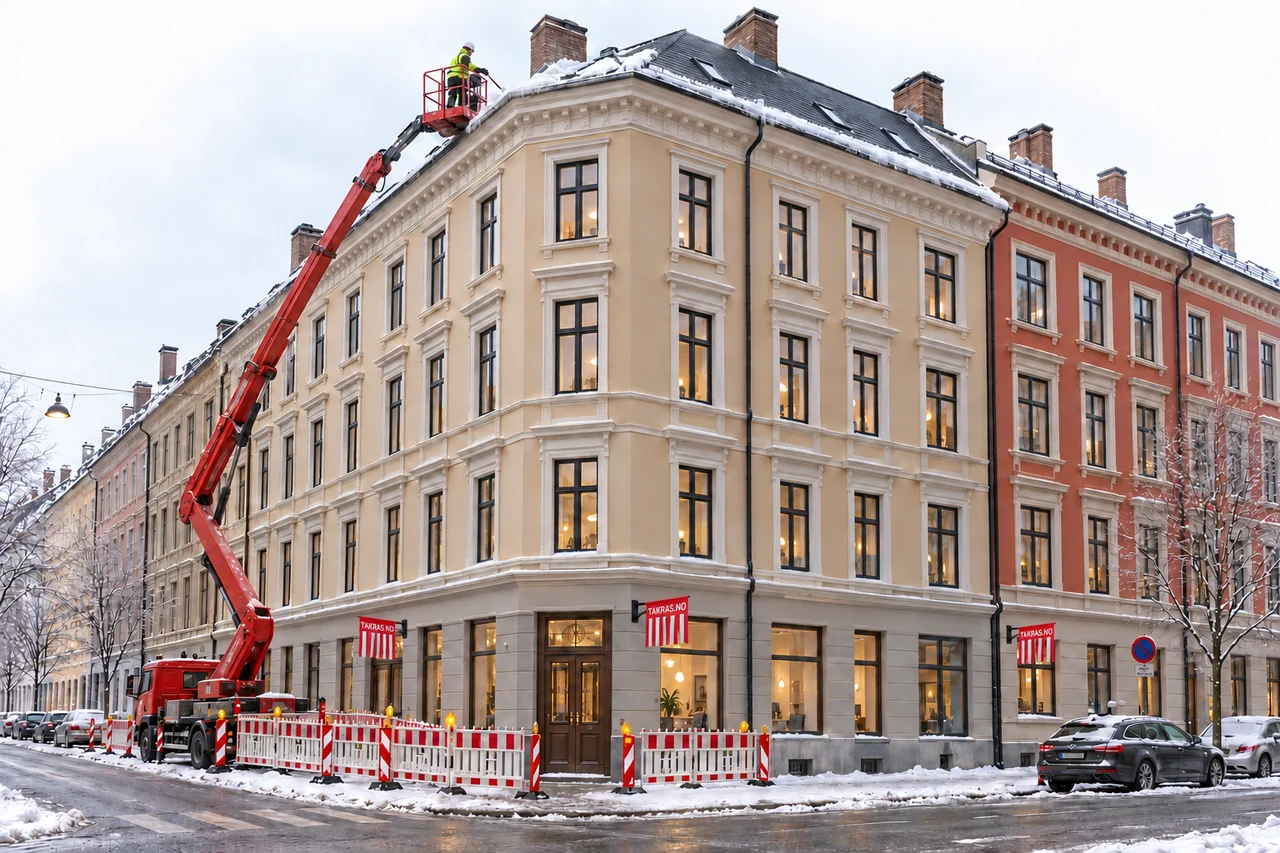 3D-illustrasjon av en fagperson i lift som fjerner istapper ved takrennen på en bygård, med avsperret fortau under arbeidet.