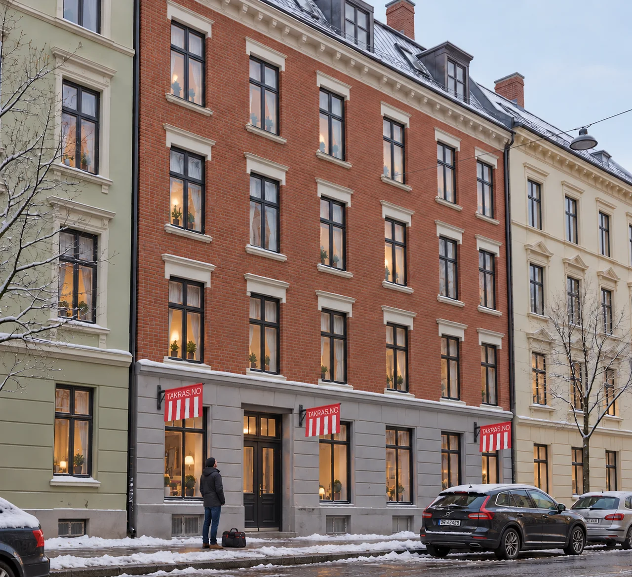 Illustrasjon av en montør som kontrollerer et ferdig opphengt TAKRAS.NO-varselflagg fra fortauet ved en teglgård i en sammenhengende Oslo-gate.