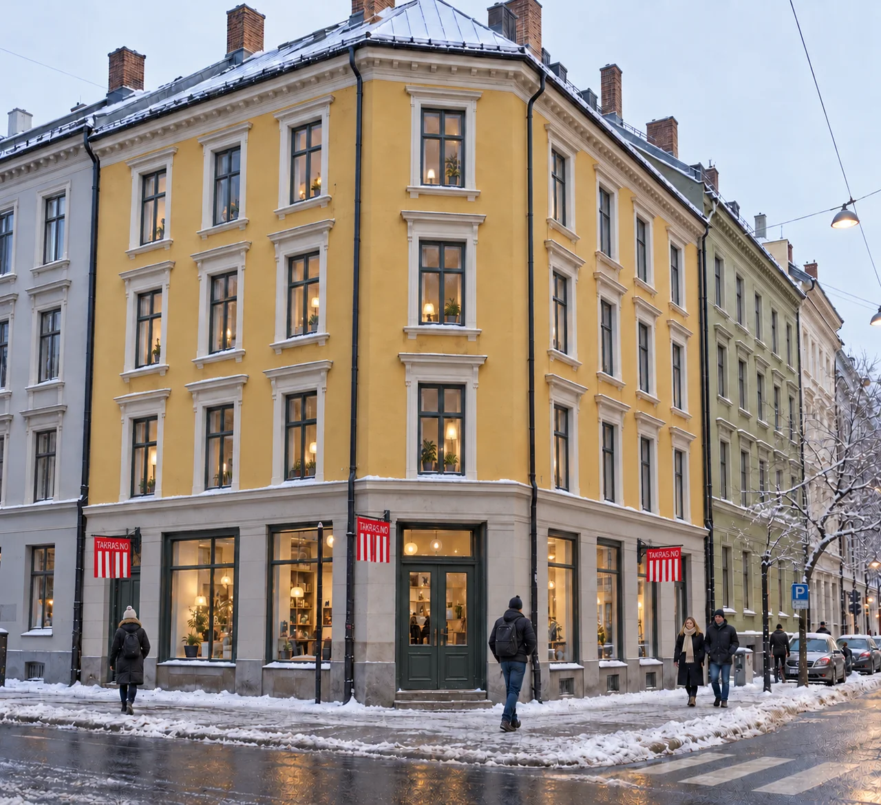 Illustrasjon av TAKRAS.NO-varselflagg ved en hjørneinngang og to fasader, sett fra fortauet.