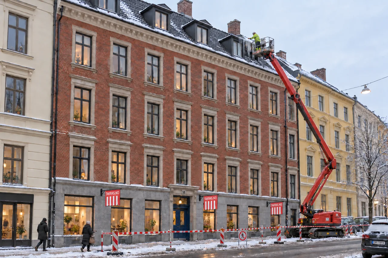 Illustrasjon av istappfjerning fra lift ved en Oslo-bygård med port, høy takkant og avsperret arbeidsområde.
