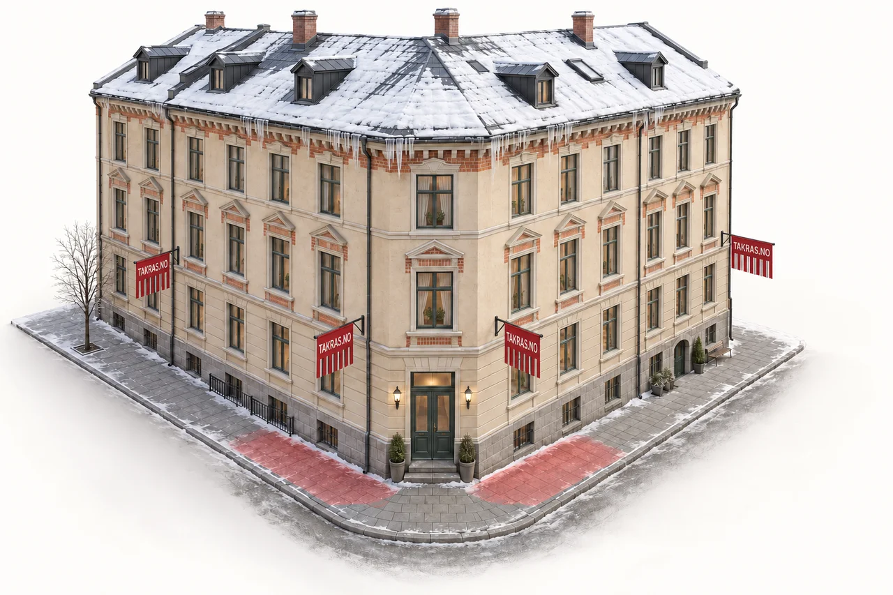 Illustrert hjørnegård med snø og istapper på taket og fire røde varselflagg merket TAKRAS.NO på fasadene.
