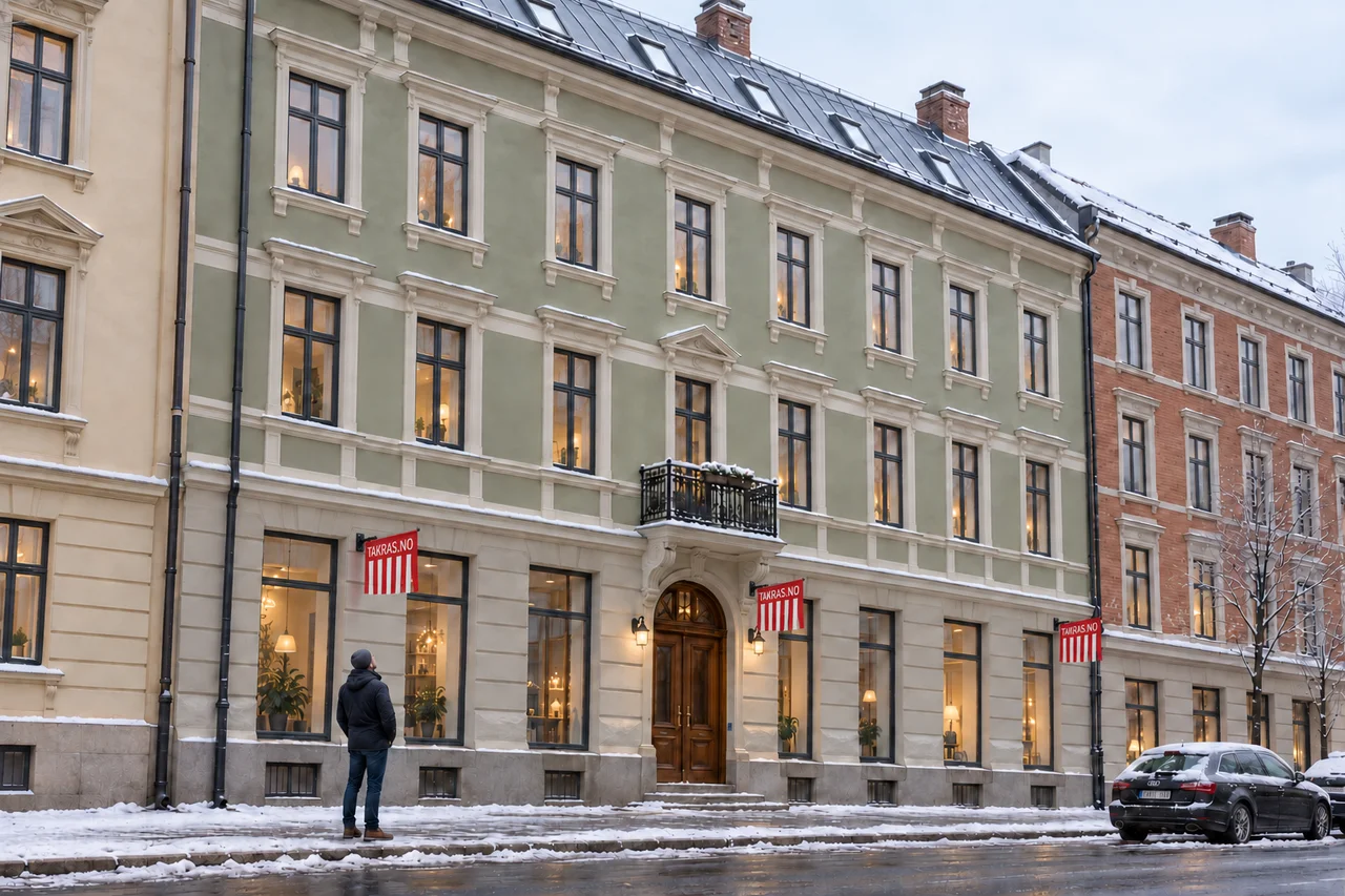 3D-illustrasjon av vintertilsyn ved en snødekt bygård med TAKRAS.NO-varselflagg og en fagperson som vurderer bygget fra gaten.